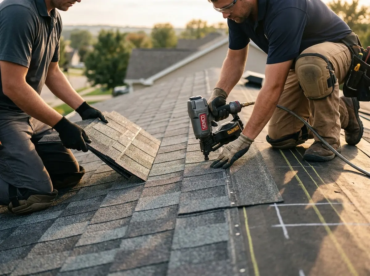 Professional roofer working on a residential roof in Lilburn